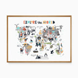 Illustrated world map for kids with friendly animals, continents and oceans labelled in a playful educational style