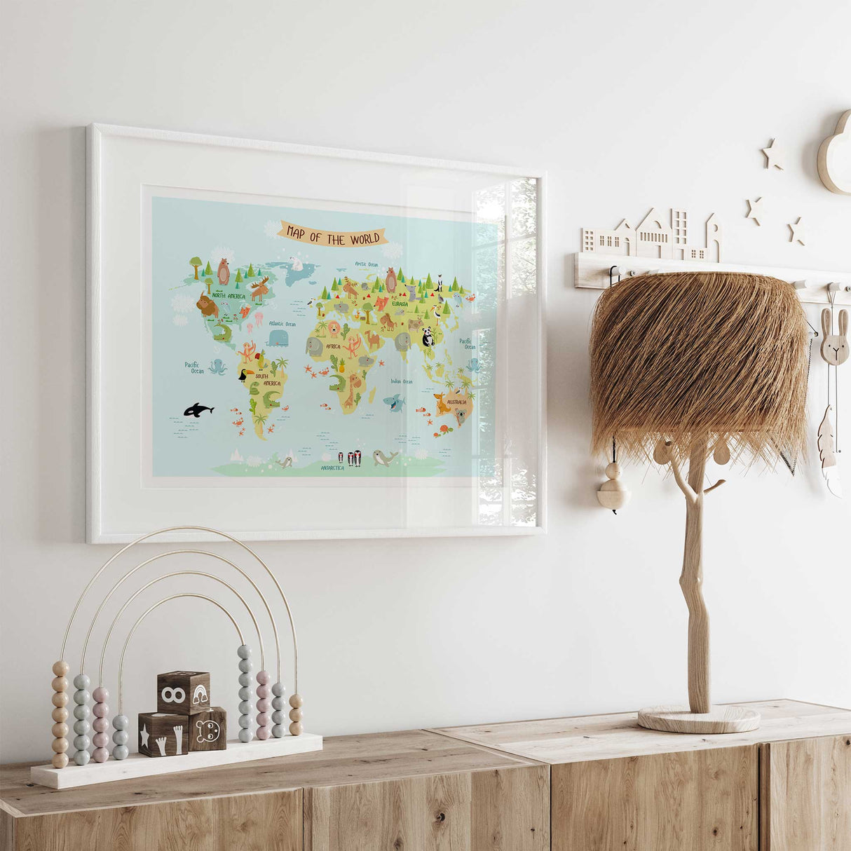 Kids world map wall art with colourful animals, continents and oceans for a children's bedroom or playroom