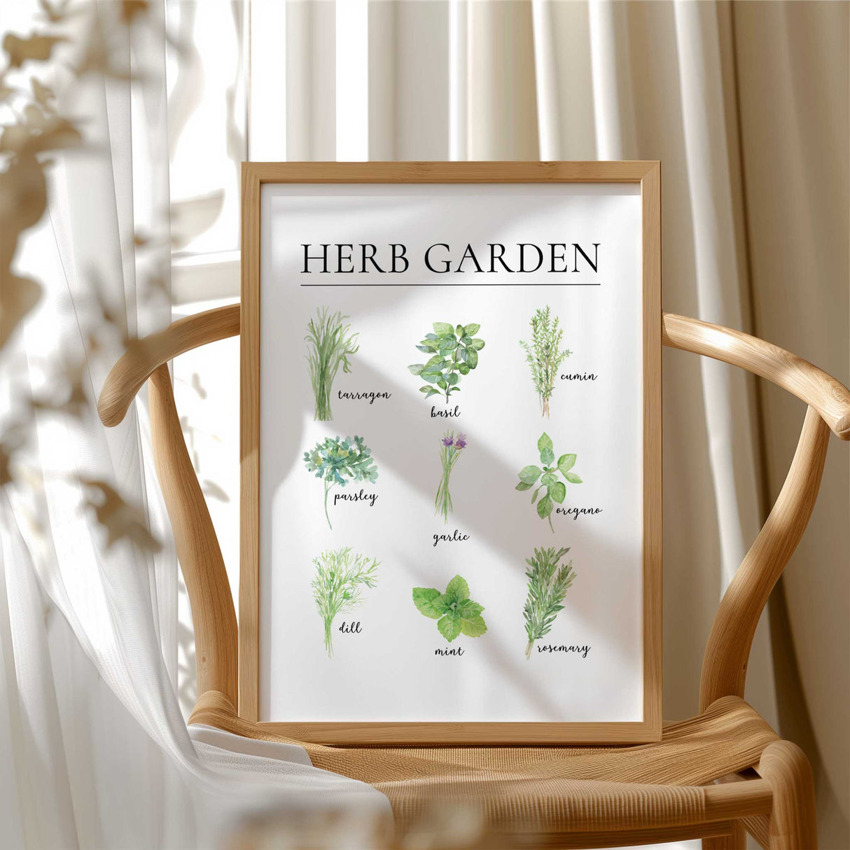 Kitchen herb wall art print featuring nine labelled watercolour herbs in fresh green tones on a white background