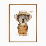 artwork of a koala wearing a hat and overalls on a white background