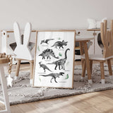 Labelled dinosaur poster with black and white prehistoric creatures, their names and soft green botanical details.