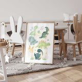 Labelled dinosaur print with friendly green prehistoric characters, a hatching egg and small botanical details.