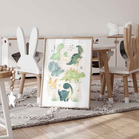 Labelled dinosaur print with friendly green prehistoric characters, a hatching egg and small botanical details.