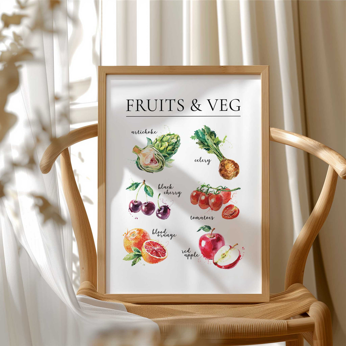 Labelled watercolour produce print featuring artichoke, celery, cherries, tomatoes, blood orange and red apple.