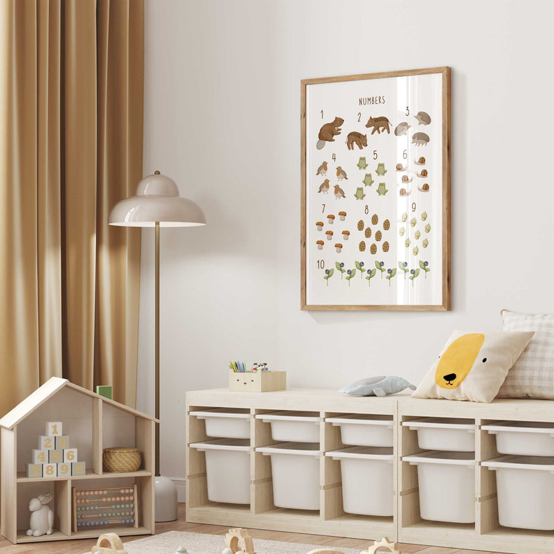 Learn to count nursery wall art print showing numbers 1 to 10 with woodland animals and forest objects for baby room or playroom decor