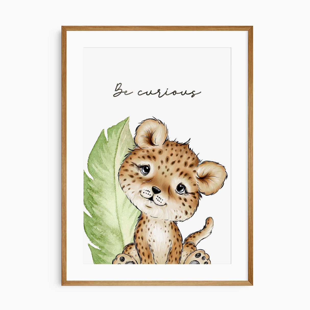Leopard nursery print with quote “Be curious,” featuring green leaf background, ideal wall art for jungle or safari-themed kids room.