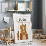 Personalised leopard safari print with child’s name, little adventurer wording and a softly striped nursery background.