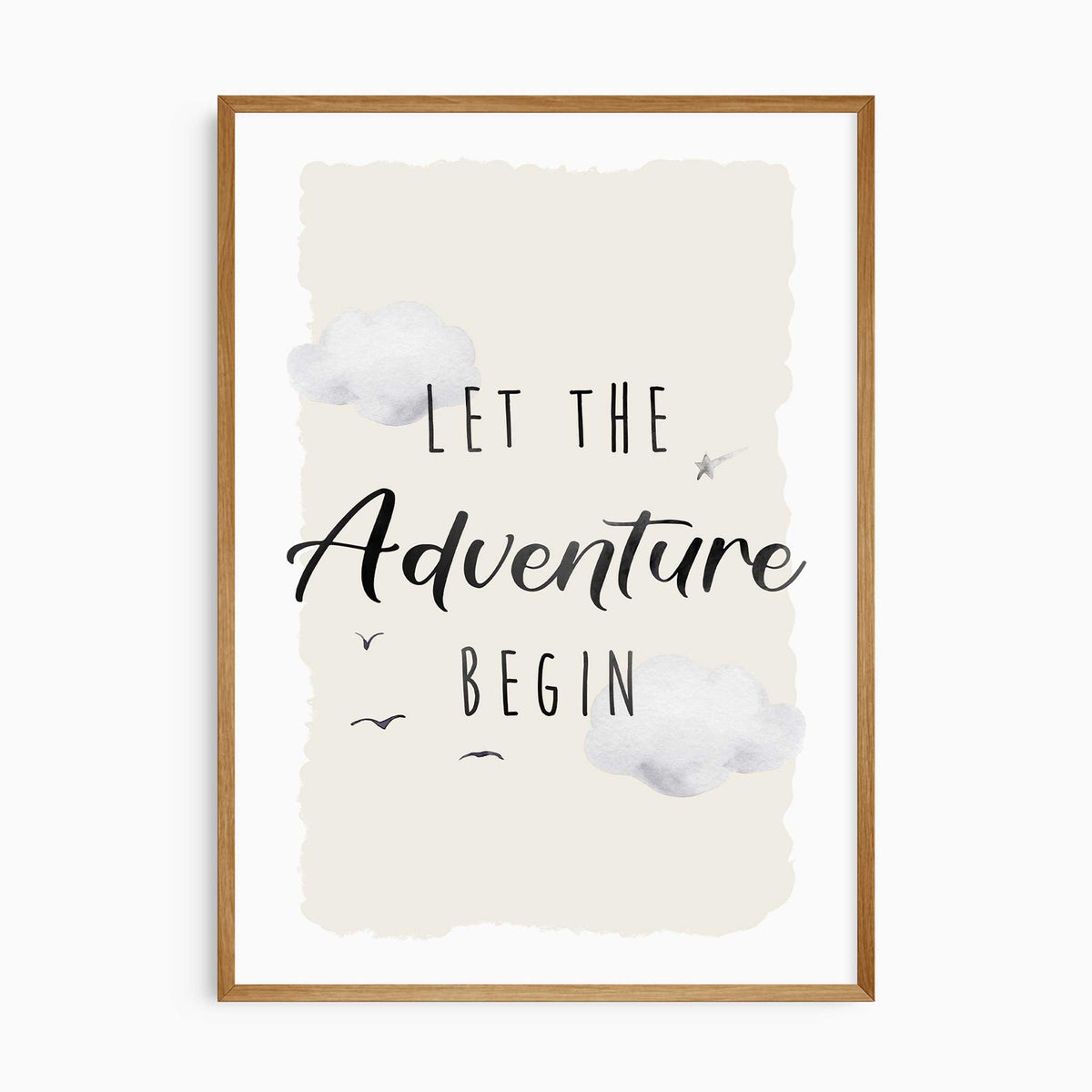 Let the Adventure Begin print with black lettering, watercolour clouds and birds on an irregular cream background.
