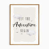 Let the Adventure Begin print with black lettering, watercolour clouds and birds on an irregular cream background.