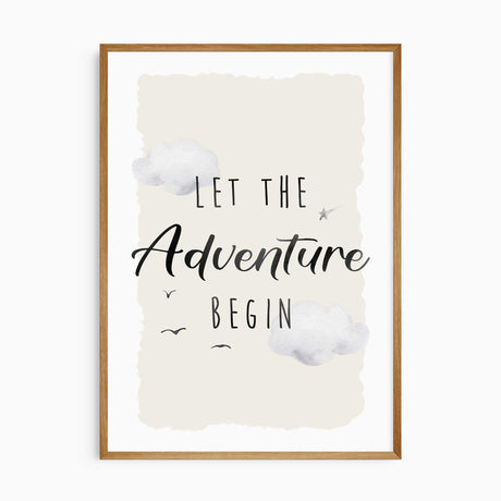 Let the Adventure Begin print with black lettering, watercolour clouds and birds on an irregular cream background.