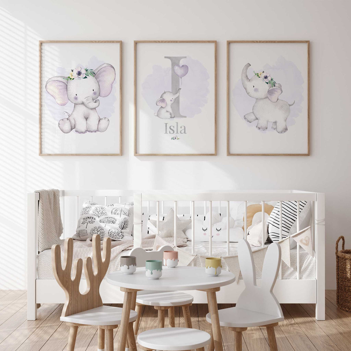 Lilac elephant nursery prints set with personalised initial name design