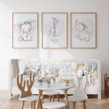 Lilac elephant nursery prints set with personalised initial name design
