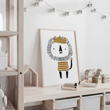 Cute lion wearing a crown wall art print for nursery and playroom