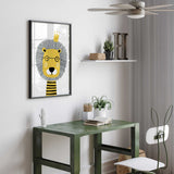 Lion kids wall art print with modern illustration with crown and glasses
