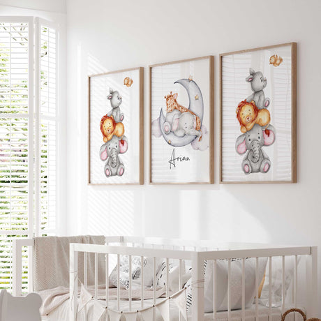 Nursery wall decor with watercolor lion and elephant illustration