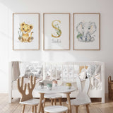 Lion elephant safari nursery wall art set in soft neutral tones