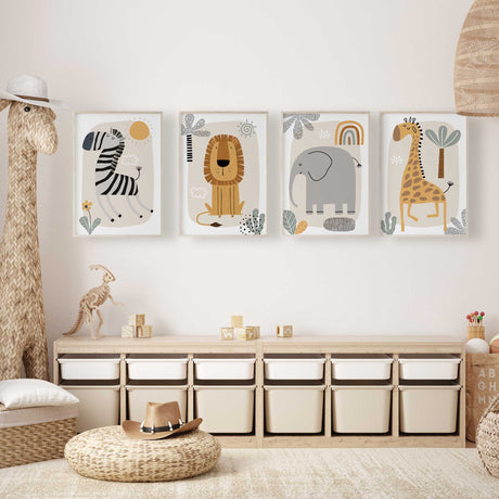 Lion elephant zebra giraffe safari nursery prints set