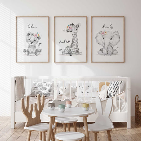 Girls safari wall art set with floral crowned animals and positive sayings, perfect for baby nursery or kids room.