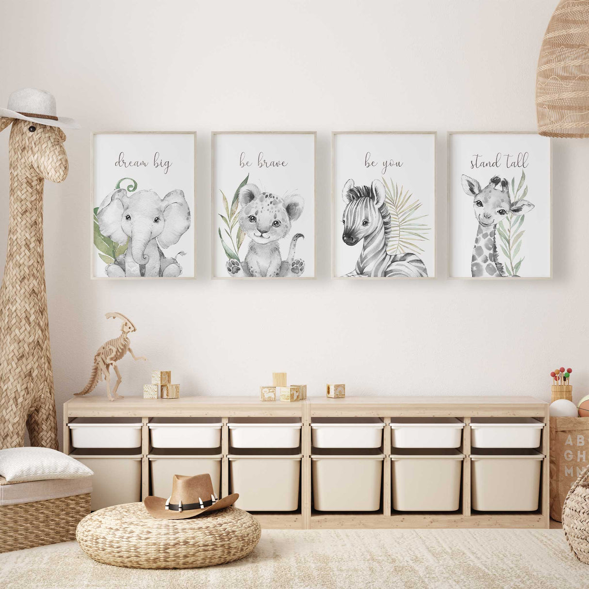 Safari animal affirmation prints featuring lion, giraffe, zebra, and elephant