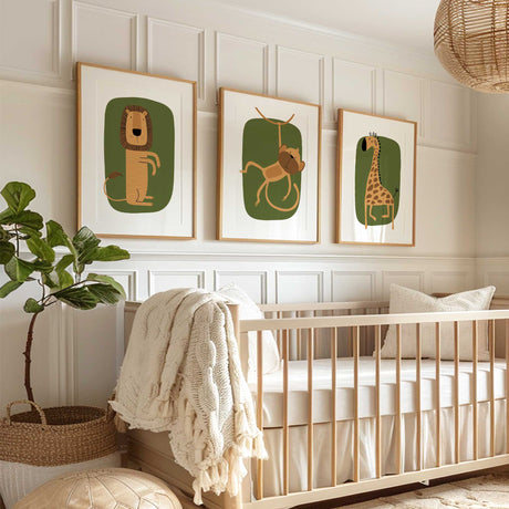 Lion monkey and giraffe wall art for kids room safari theme