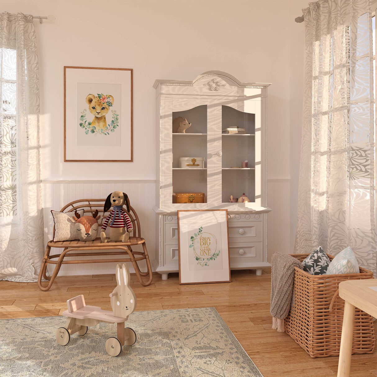 Watercolour lion nursery print with floral crown and eucalyptus greenery