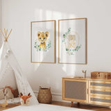 watercolour lion nursery print with eucalyptus wreath for baby nursery