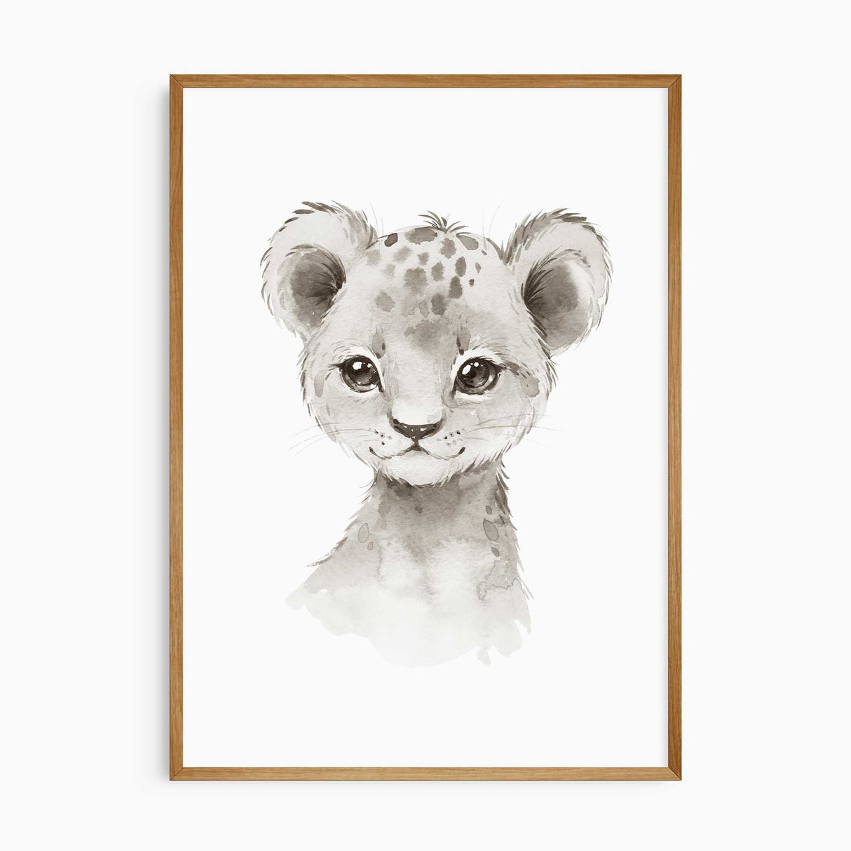 Gentle baby lion cub wall art print in soft neutrals for kids bedroom decor