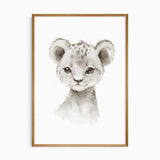 Gentle baby lion cub wall art print in soft neutrals for kids bedroom decor