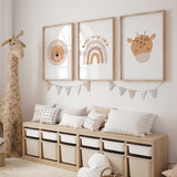 Lion, Born to Be Wild rainbow and giraffe prints with simple animal faces and warm beige, tan and ochre illustrations.