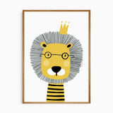 Lion wall art for boys with bold illustrated lion wearing glasses and crown