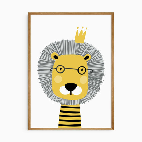 Lion wall art for boys with bold illustrated lion wearing glasses and crown