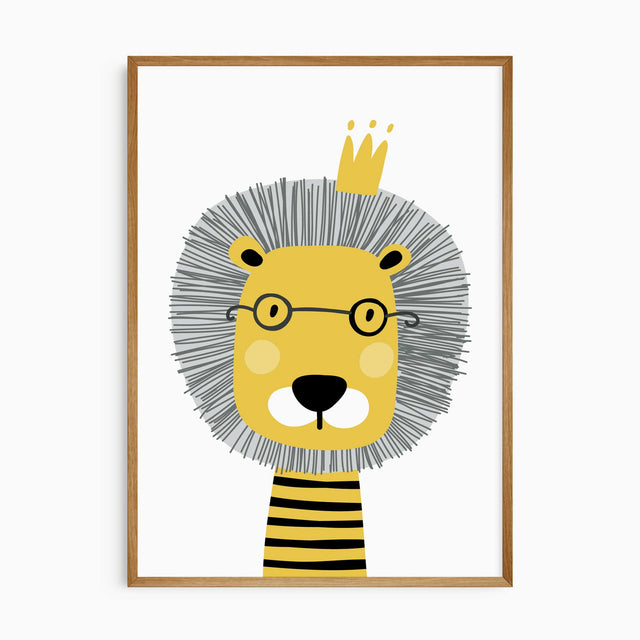 Lion wall art for boys with bold illustrated lion wearing glasses and crown