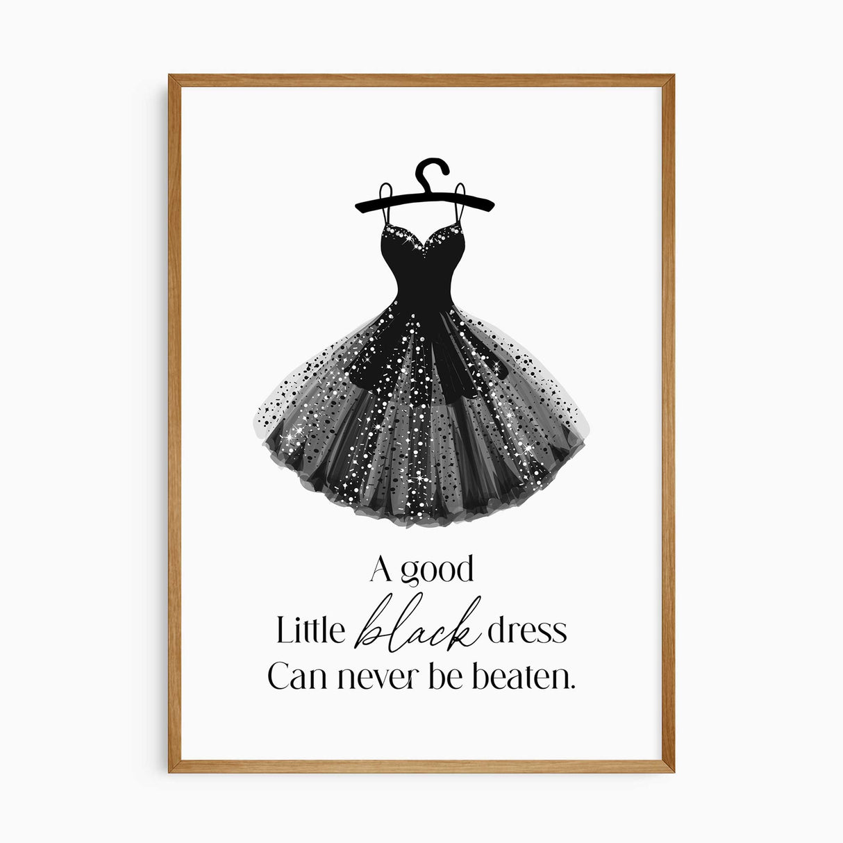 Little black dress fashion print with sparkling black gown and elegant typography for dressing room or bedroom decor