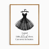 Little black dress fashion print with sparkling black gown and elegant typography for dressing room or bedroom decor