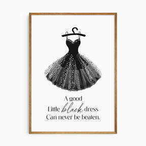 Little black dress fashion print with sparkling black gown and elegant typography for dressing room or bedroom decor