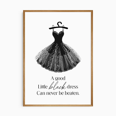 Little black dress fashion print with sparkling black gown and elegant typography for dressing room or bedroom decor