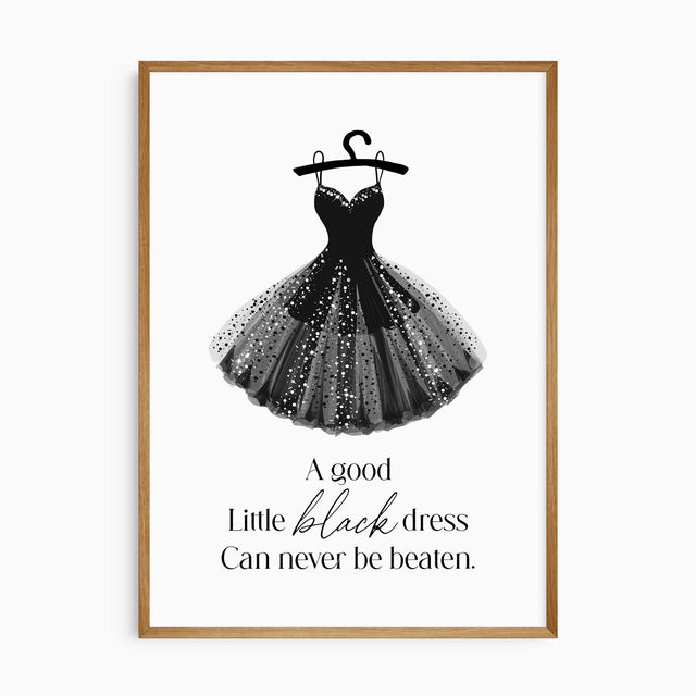 Little black dress fashion print with sparkling black gown and elegant typography for dressing room or bedroom decor