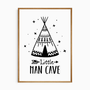 Little Man Cave teepee wall art print for boys nursery or bedroom in black and white