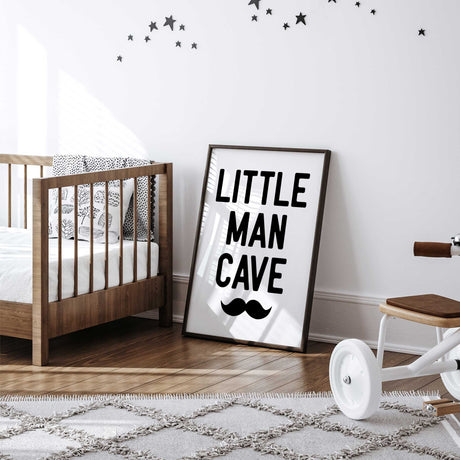 Little Man Cave nursery print with a playful moustache graphic for boys room decor