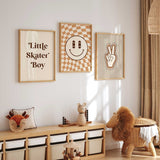 Little Skater Boy quote print paired with smiley skate graphic and peace sign for boys bedroom décor.