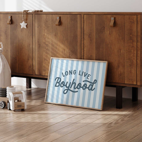Long live boyhood wall art print in blue stripes for a boys nursery or bedroom
