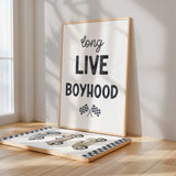 Two prints pairing black Long Live Boyhood lettering and crossed flags with blue, taupe and olive vintage cars on white.