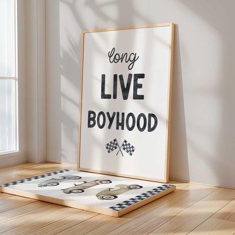 Long Live Boyhood quote wall art with racing flags for boys room