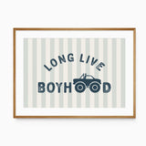Long Live Boyhood print with navy letters and a monster truck whose wheels replace the O letters, on sage and cream stripes.