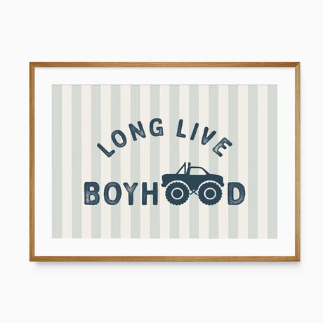 Long Live Boyhood print with navy letters and a monster truck whose wheels replace the O letters, on sage and cream stripes.