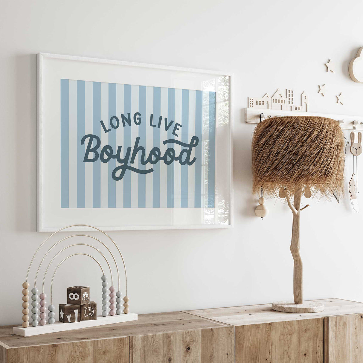 Long live boyhood nursery print in soft blue striped design