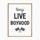 Long Live Boyhood quote print with crossed racing flags from a dinosaur race-car wall art set