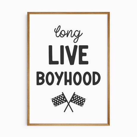 Long Live Boyhood quote print with crossed racing flags from a dinosaur race-car wall art set