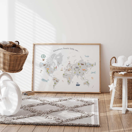 Adventure Awaits Little One map print with animals and educational icons