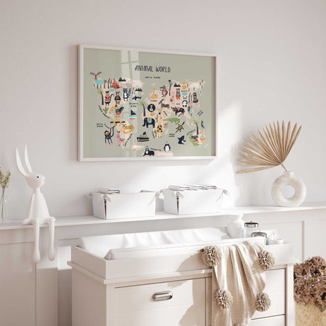 Illustrated Animal World map print for children’s nursery or playroom decor